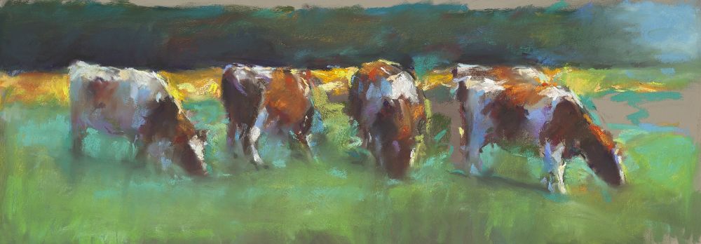 Rode koeien, Pastel, 2014, 34 x 94 cm, Verkocht