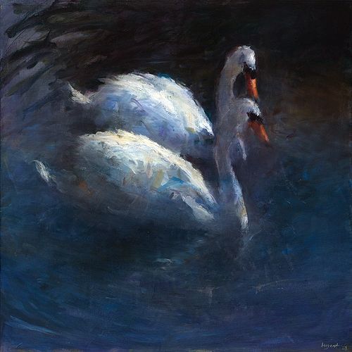 Moonlight Swans, olieverf / linnen, 2023, 100 x 100 cm, Option