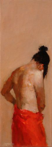 Model in red VI, Oil / canvas, 2004, 50 x 18 cm, Sold