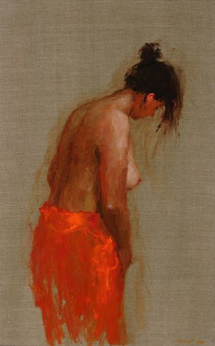 Modell in rot V, Öl auf Leinwand, 2004, 80 x 50 cm, Verkauft