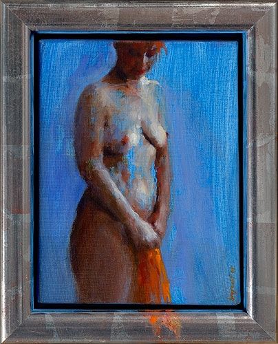 Model in blauw, olieverf / doek, 2005, 24 x 18 cm, Verkocht