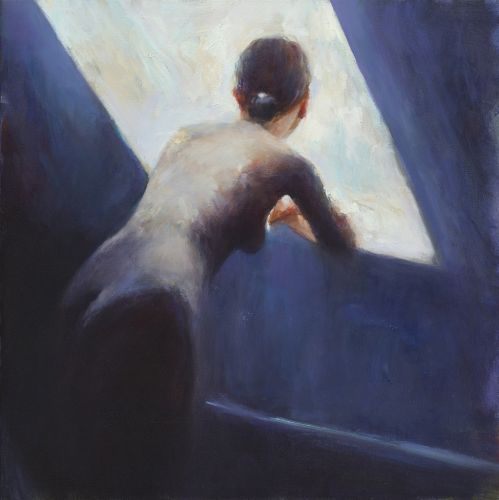 Model in blauw, olieverf / doek, 2011, 40 x 40 cm, Verkocht