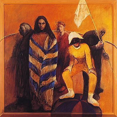 Cirque insolite, Peinture à l’huile sur toile, 1996, 140 x 140 cm, Vendu