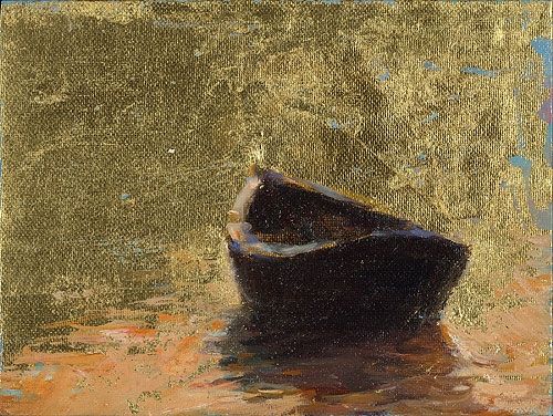 Bootje bij ondergaande zon, olieverf / bladgoud / linnen, 2011, 12 x 16 cm, Verkocht