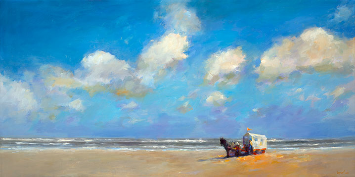 Strandkar Schiermonnikoog, olieverf/linnen, 2014, 70 x 140 cm, Verkocht