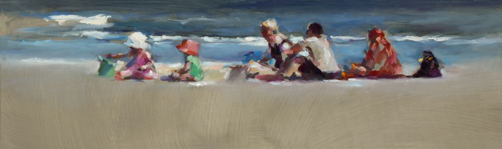 Strandfamilie, olieverf / linnen, 2014, 30 x 100 cm, Verkocht