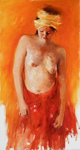 Modèle en orange, Peinture à l’huile sur toile, 2006, 130 x 70 cm, Vendu