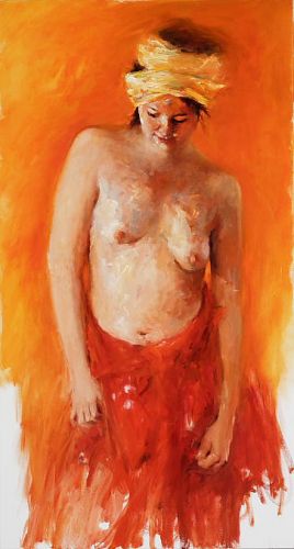 Model in oranje, Olieverf / doek, 2006, 130 x 70 cm, Verkocht