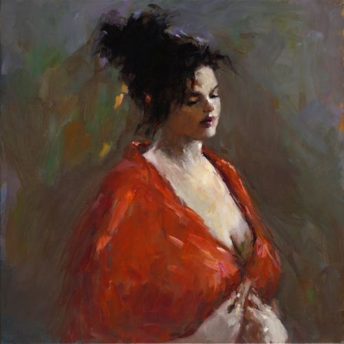 Model in rood, olieverf/linnen, 2017, 75 x 75 cm, Verkocht