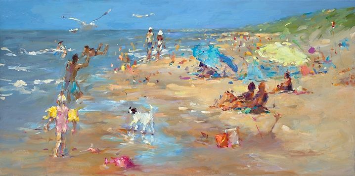 La plage, peinture à l'huile, 2021, 70 x 140 cm, Vendu