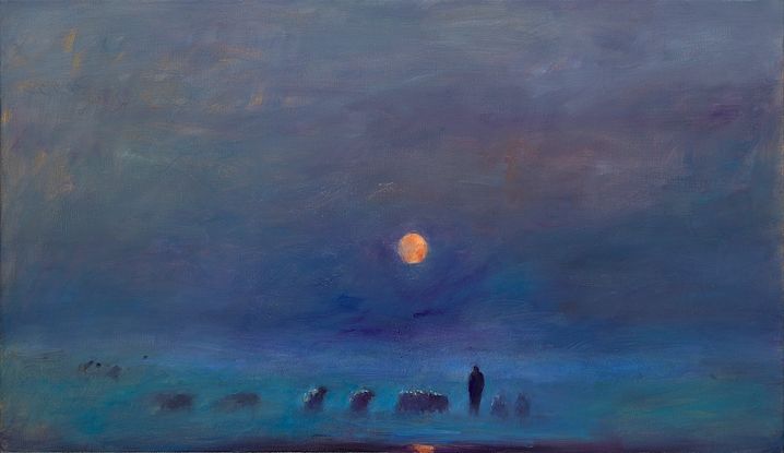 Moolight shepherd, olieverf / linnen, 2021, 70 x 120 cm, Option