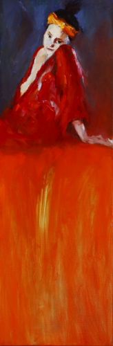 Sitzendes Modell in rot, Öl auf Leinwand, 2007, 120 x 40 cm, Verkauft