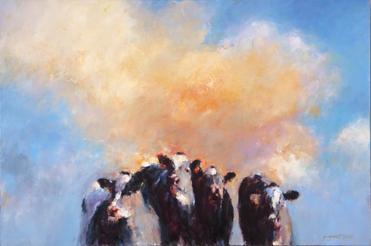 Koeien op de dijk, Olieverf / doek, 2008, 80 x 120 cm, Verkocht