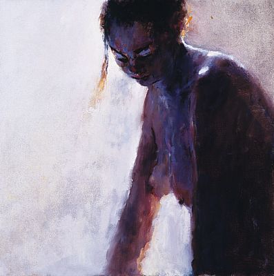 Modèle en bleu, Peinture à l’huile sur toile, 1999, 50 x 50 cm, Vendu